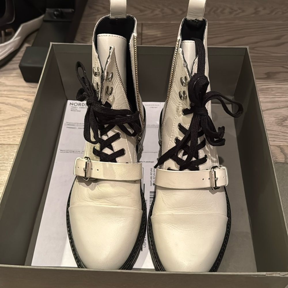 All saints lace up white leather combat boots